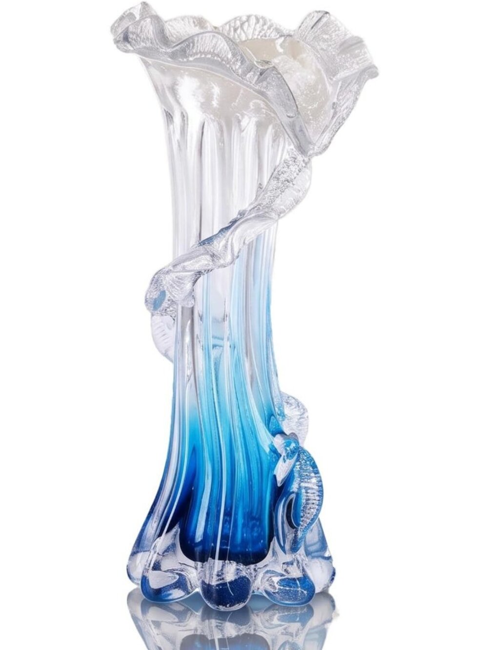 12.2-Inch Tall Large Blue Blown Glass Vase for Flowers - Elegant Home Decor